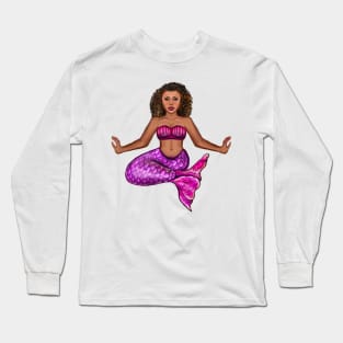 Mermaid pose Cute  mermaid siting cross legged, brown eyes, Curly hair  and caramel brown skin - light background Long Sleeve T-Shirt